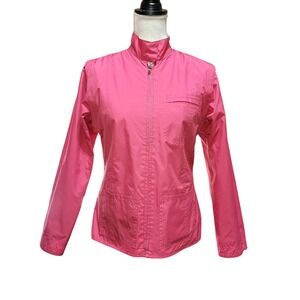 IZOD Fall Spring Rain Jacket Reversible Removable Sleeves Pink White Pockets